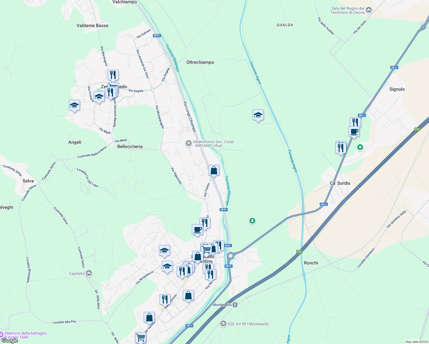 map of restaurants, bars, coffee shops, grocery stores, and more near 46 Via Lungo Chiampo in Montebello Vicentino