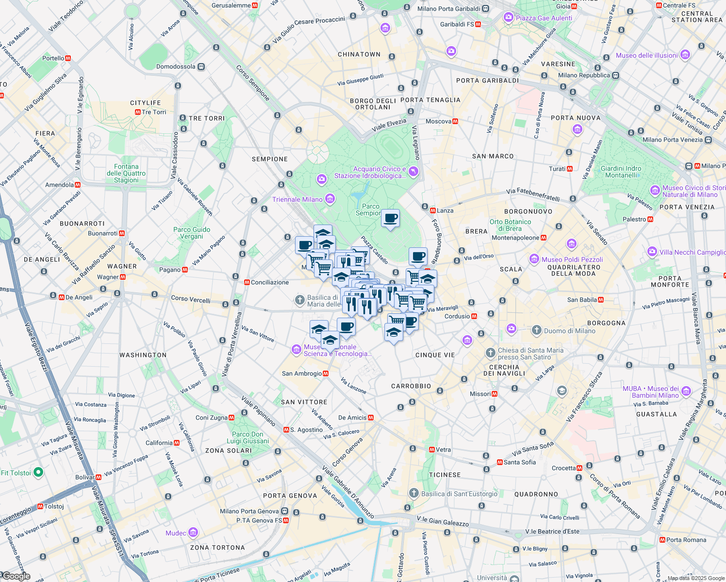 map of restaurants, bars, coffee shops, grocery stores, and more near 3 Via Giosuè Carducci in Milano