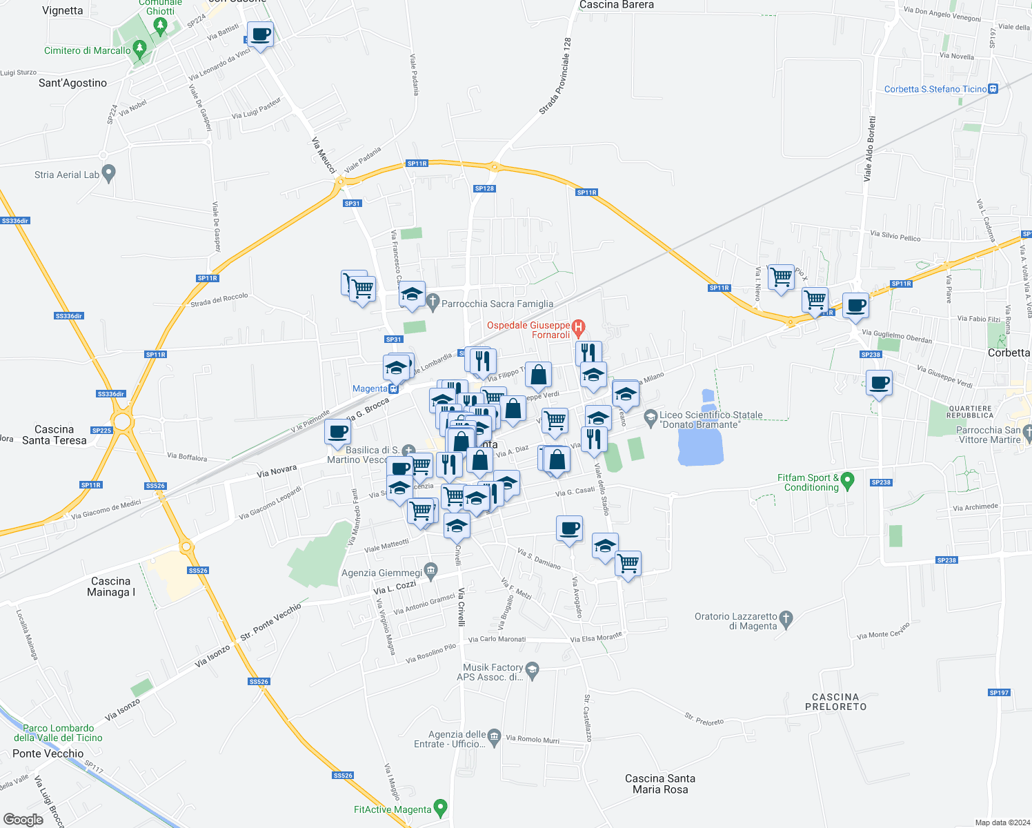 map of restaurants, bars, coffee shops, grocery stores, and more near 17 Via Milano in Magenta