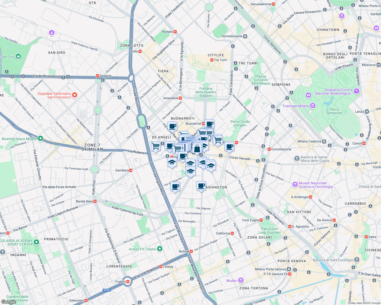 map of restaurants, bars, coffee shops, grocery stores, and more near Via Marghera in Milano