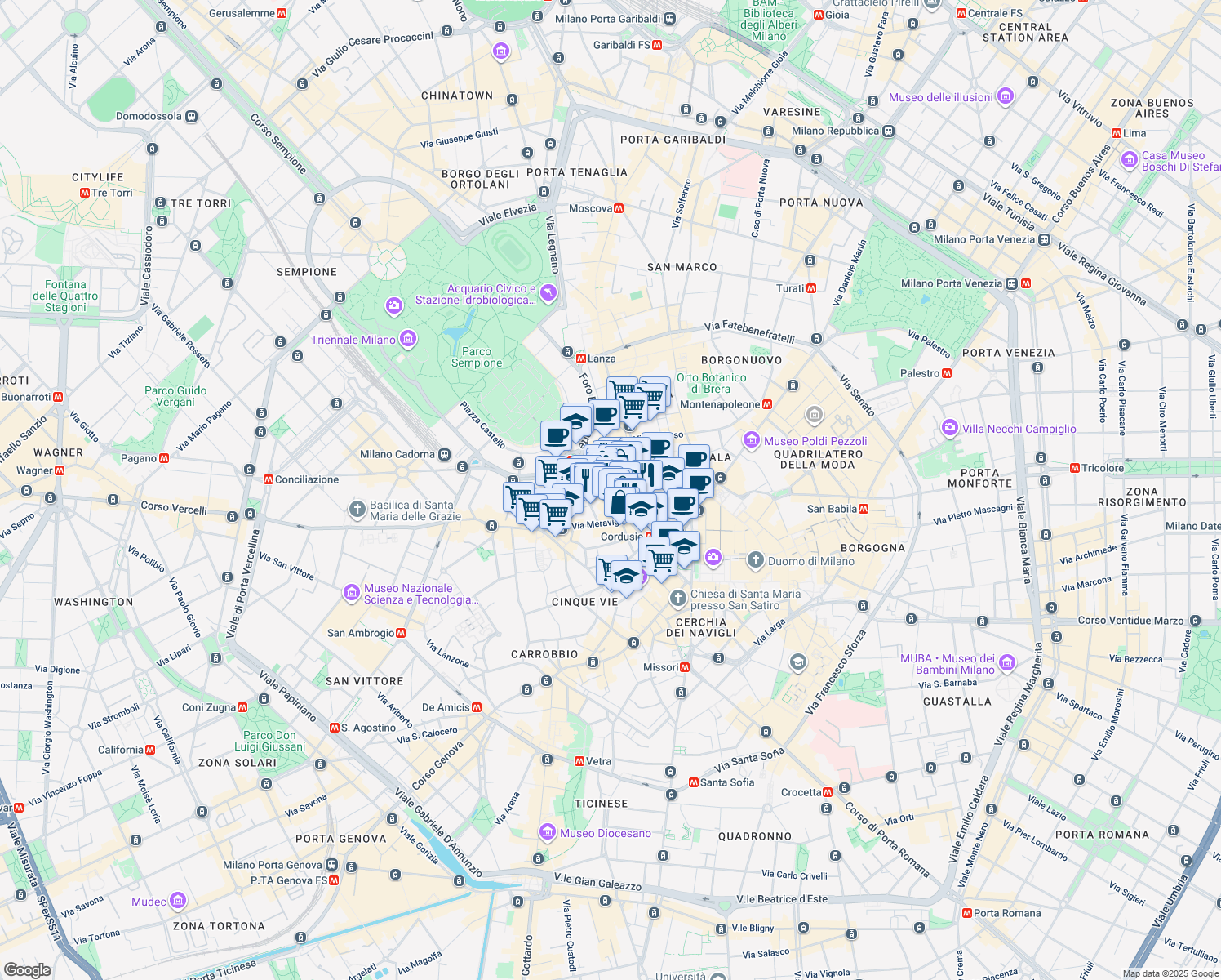 map of restaurants, bars, coffee shops, grocery stores, and more near 7 Via San Tomaso in Milano