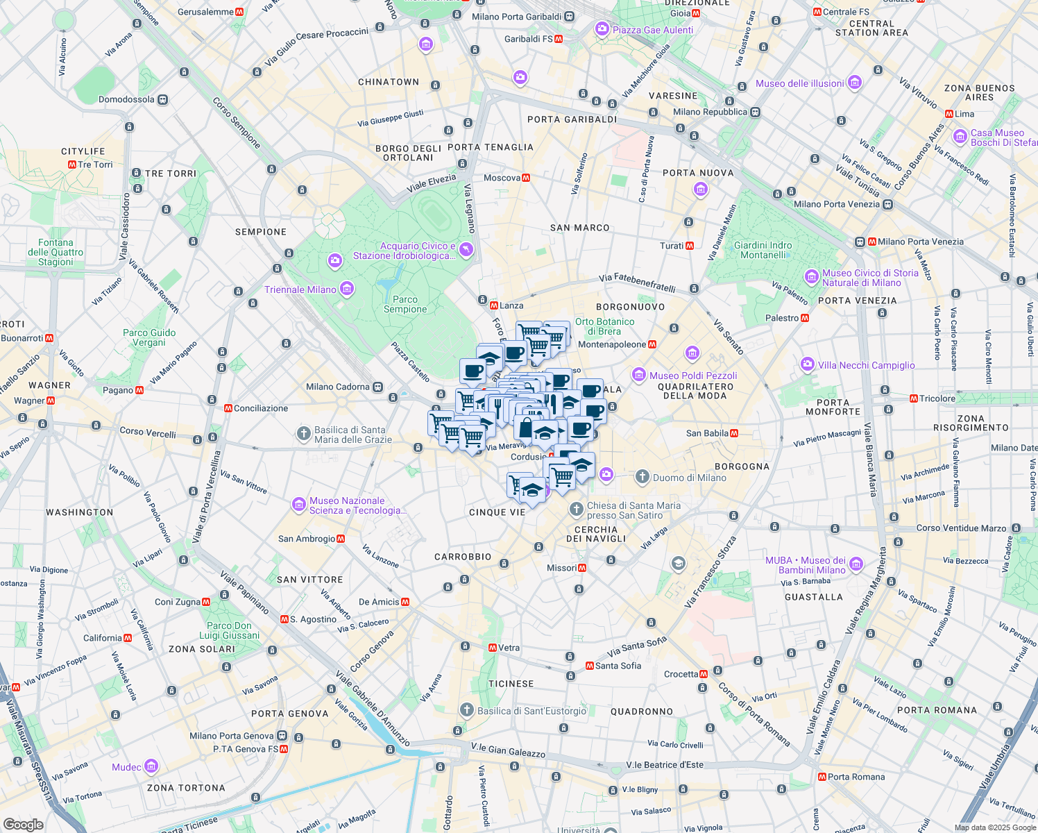 map of restaurants, bars, coffee shops, grocery stores, and more near 7 Via San Tomaso in Milano