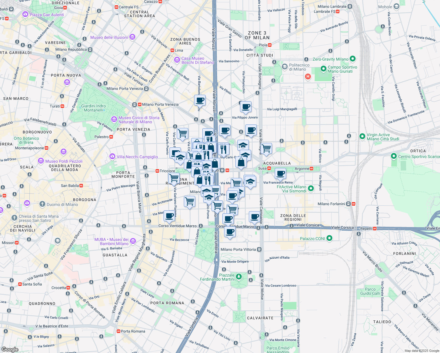 map of restaurants, bars, coffee shops, grocery stores, and more near 60 Viale Piceno in Milano