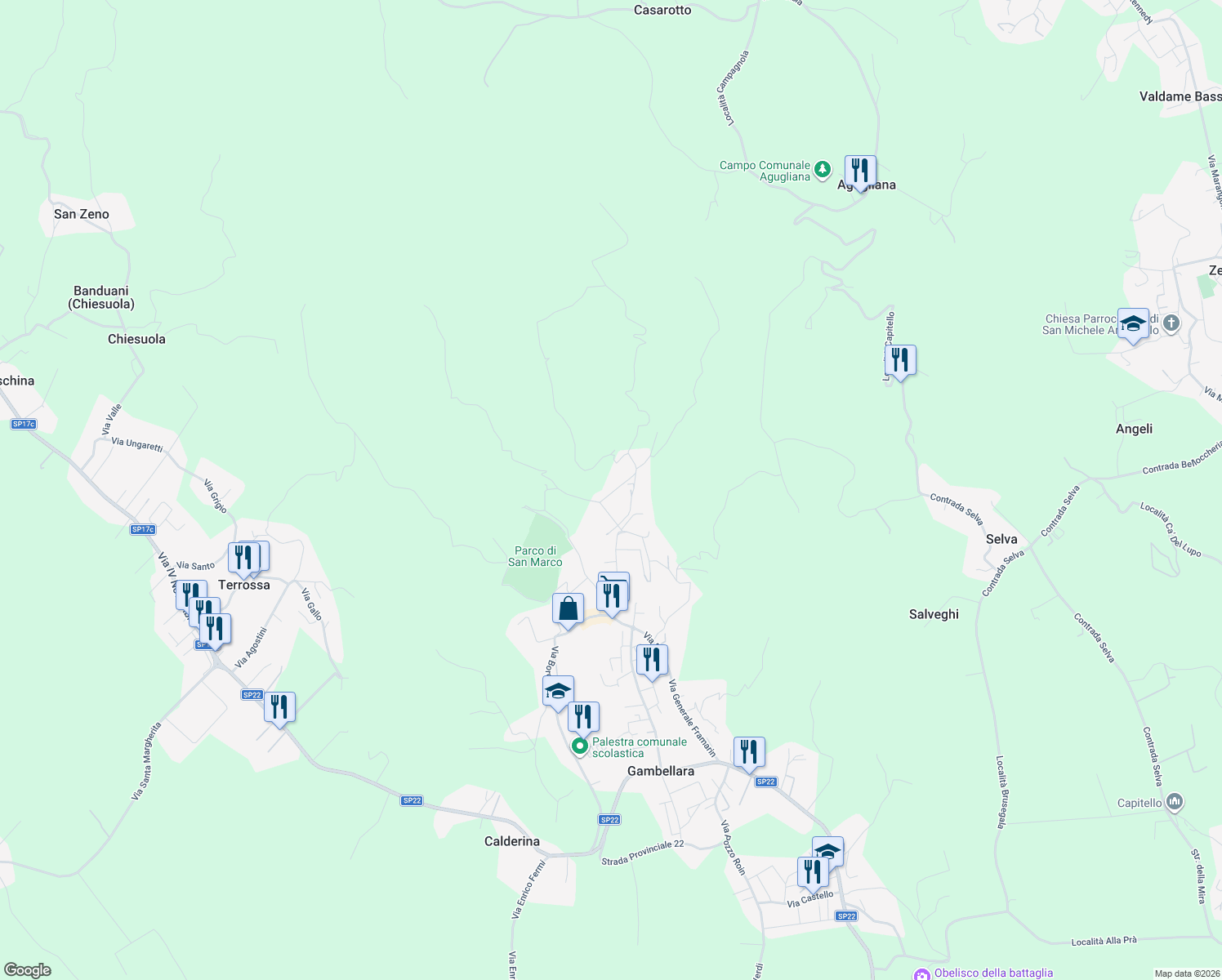 map of restaurants, bars, coffee shops, grocery stores, and more near 19 Via Grisi in Gambellara