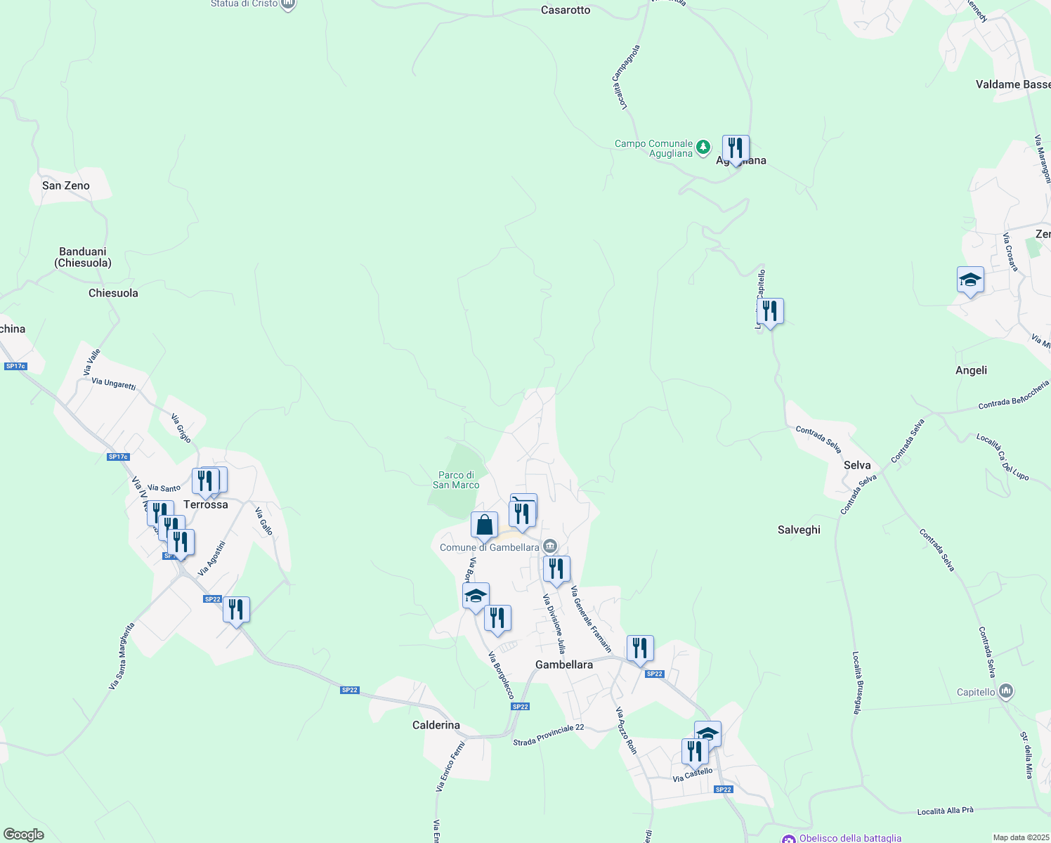 map of restaurants, bars, coffee shops, grocery stores, and more near 19 Via Grisi in Gambellara