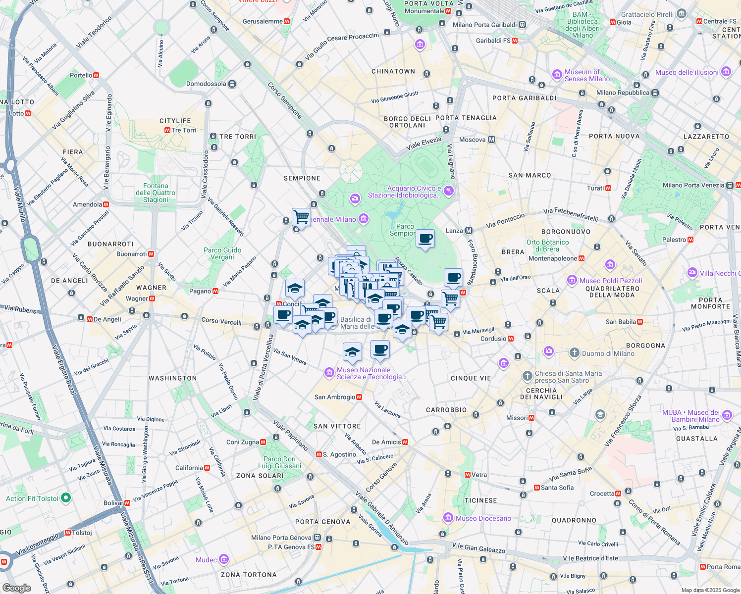 map of restaurants, bars, coffee shops, grocery stores, and more near 4 Via Giovanni Boccaccio in Milano