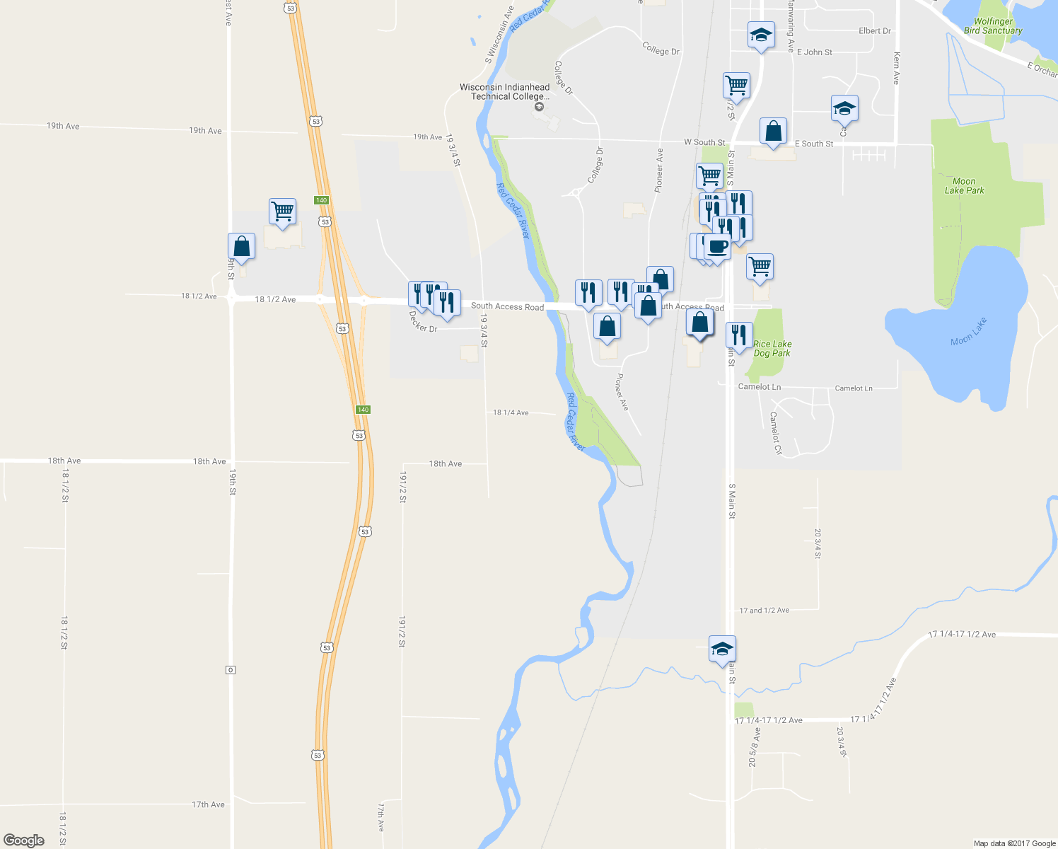 map of restaurants, bars, coffee shops, grocery stores, and more near 1988 18 1/4 Avenue in Rice Lake