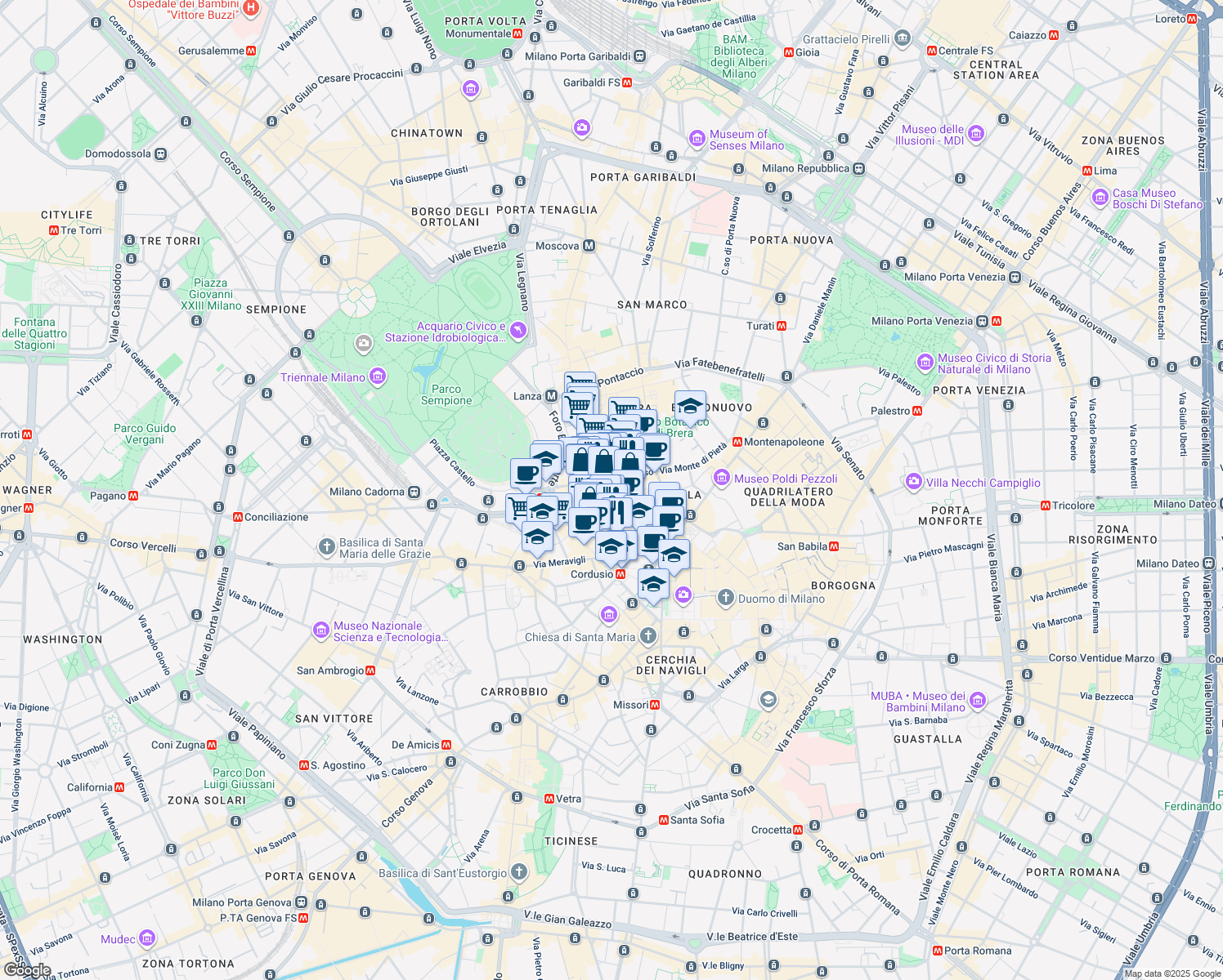 map of restaurants, bars, coffee shops, grocery stores, and more near 9 Via del Lauro in Milano