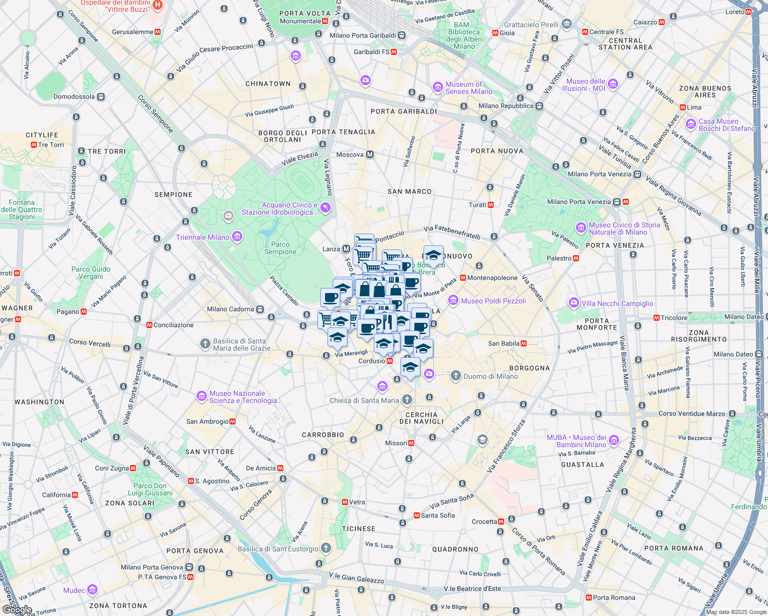 map of restaurants, bars, coffee shops, grocery stores, and more near 9 Via del Lauro in Milano