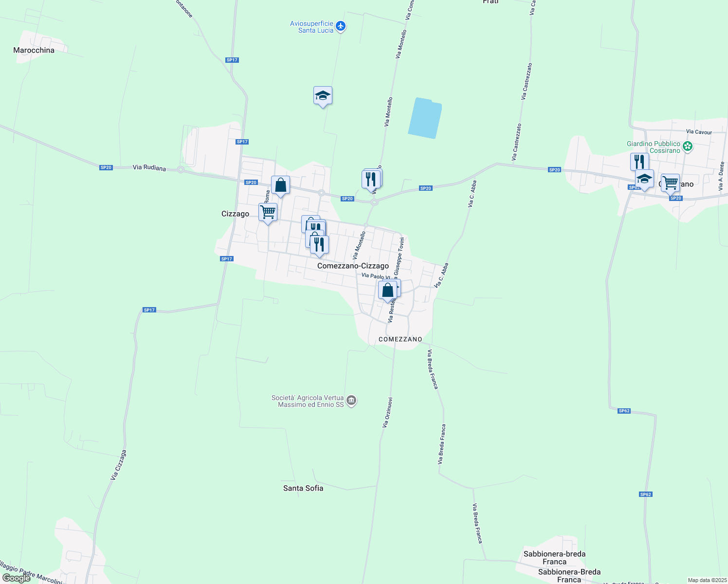 map of restaurants, bars, coffee shops, grocery stores, and more near 5 Via Nino Bixio in Comezzano-Cizzago