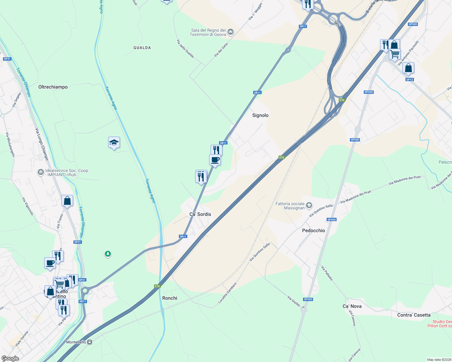 map of restaurants, bars, coffee shops, grocery stores, and more near 10 Via Cà Sordis in Ca' Sordis