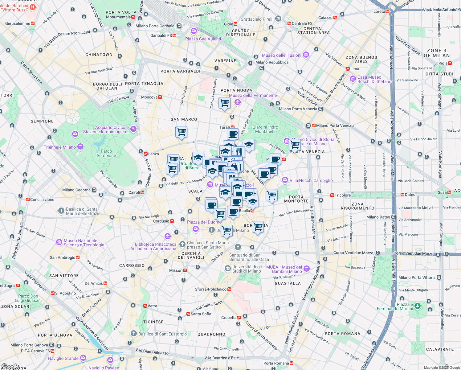 map of restaurants, bars, coffee shops, grocery stores, and more near 16a Via Monte Napoleone in Milano