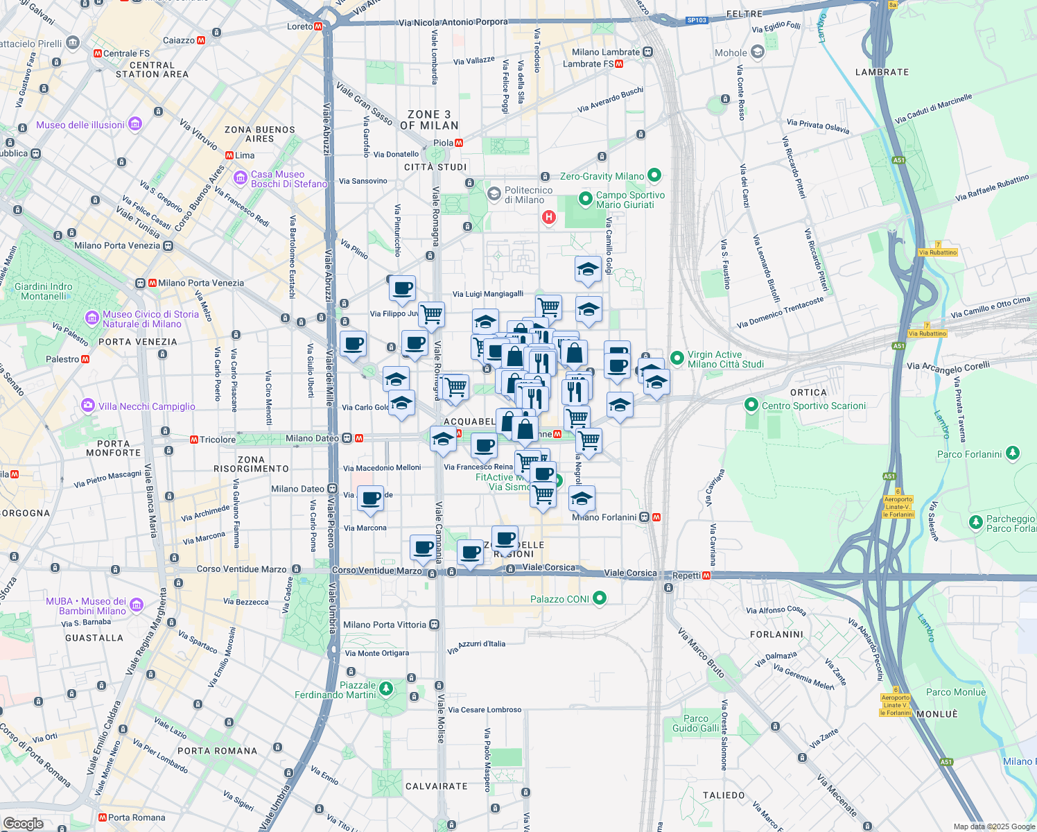 map of restaurants, bars, coffee shops, grocery stores, and more near 8 Via Sangallo in Milano