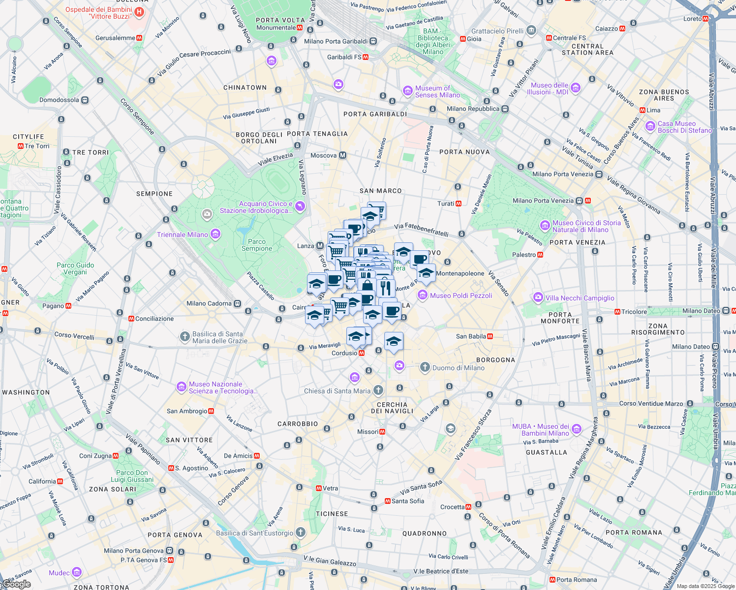 map of restaurants, bars, coffee shops, grocery stores, and more near 7 Via dell'Orso in Milano