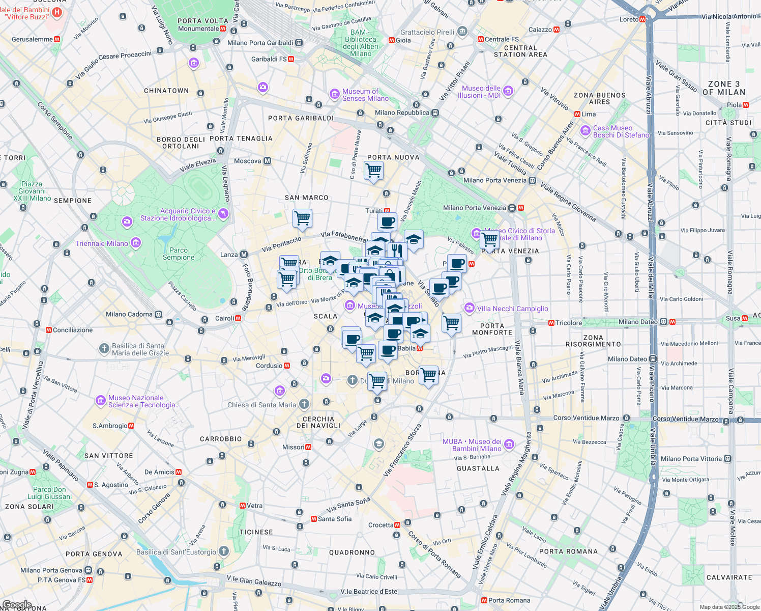 map of restaurants, bars, coffee shops, grocery stores, and more near 21 Via Monte Napoleone in Milano