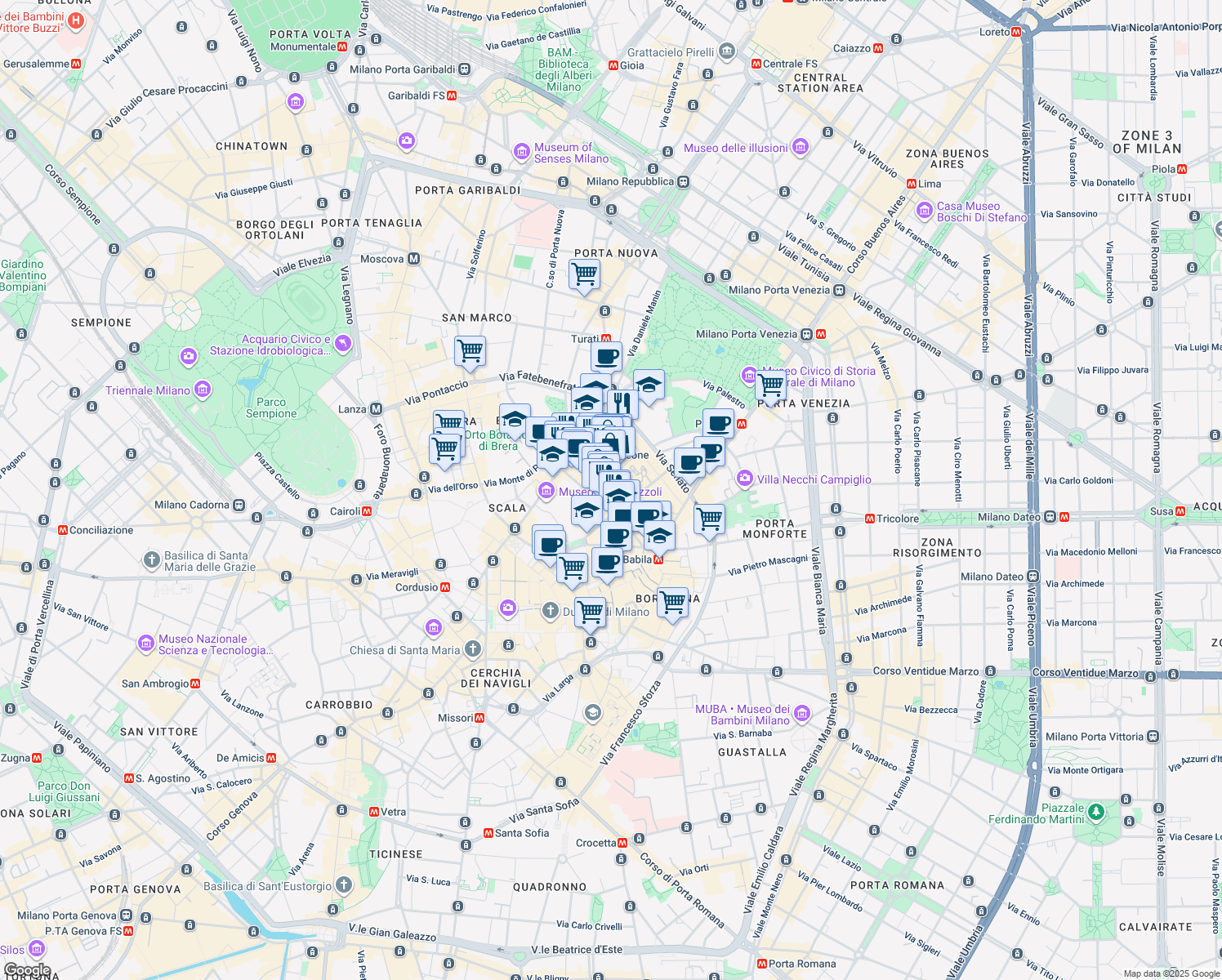 map of restaurants, bars, coffee shops, grocery stores, and more near in Milan