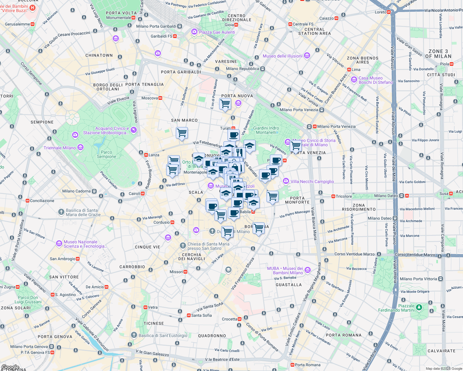 map of restaurants, bars, coffee shops, grocery stores, and more near 16a Via Monte Napoleone in Milano