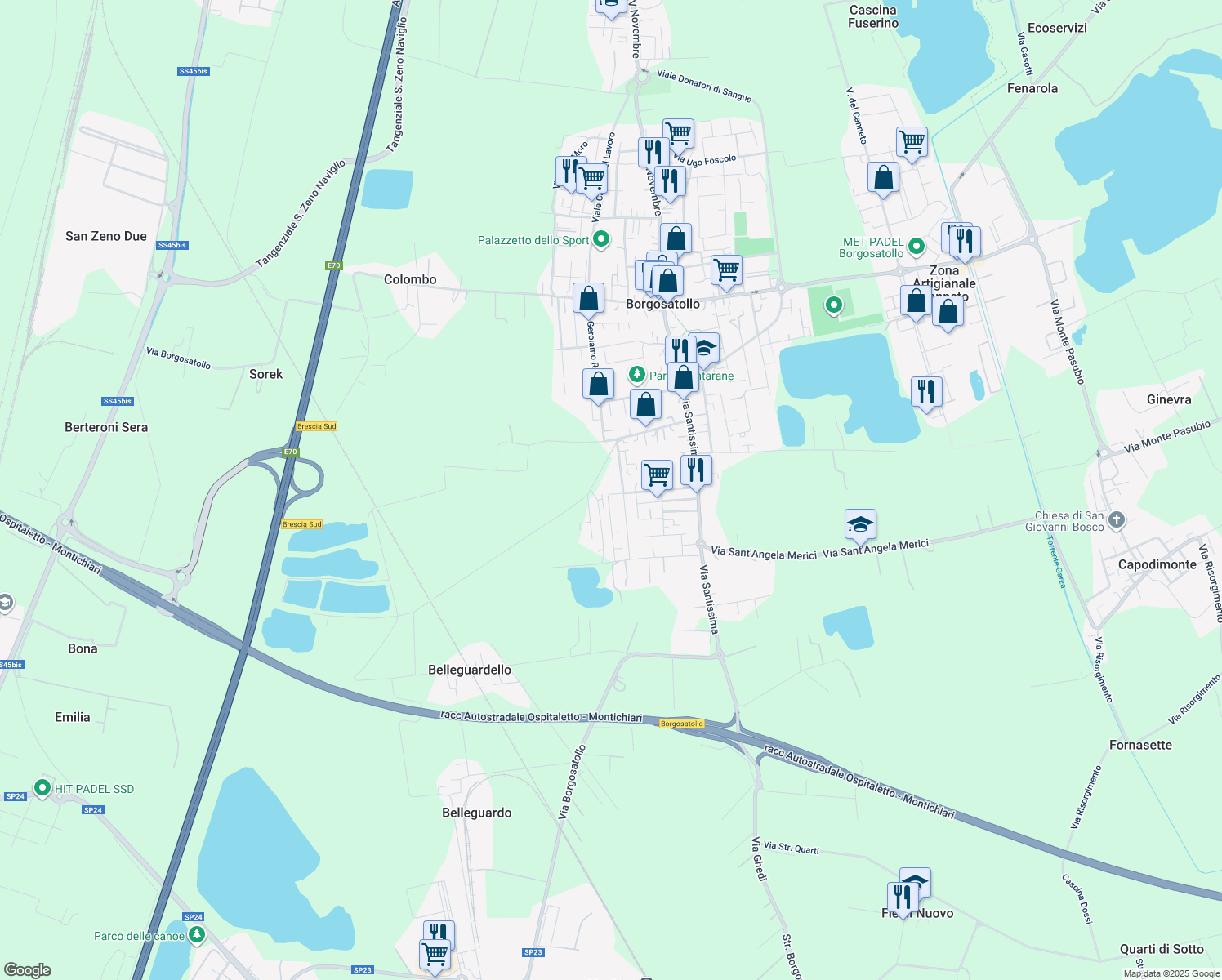 map of restaurants, bars, coffee shops, grocery stores, and more near 8 Via A. Vivaldi in Borgosatollo