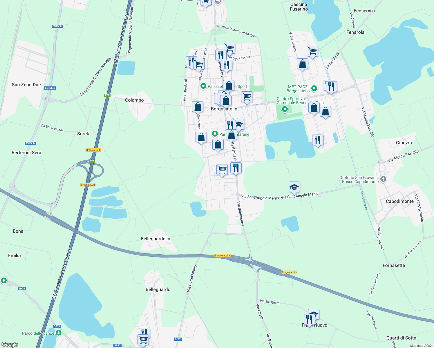 map of restaurants, bars, coffee shops, grocery stores, and more near 30 Via V. Bellini in Borgosatollo