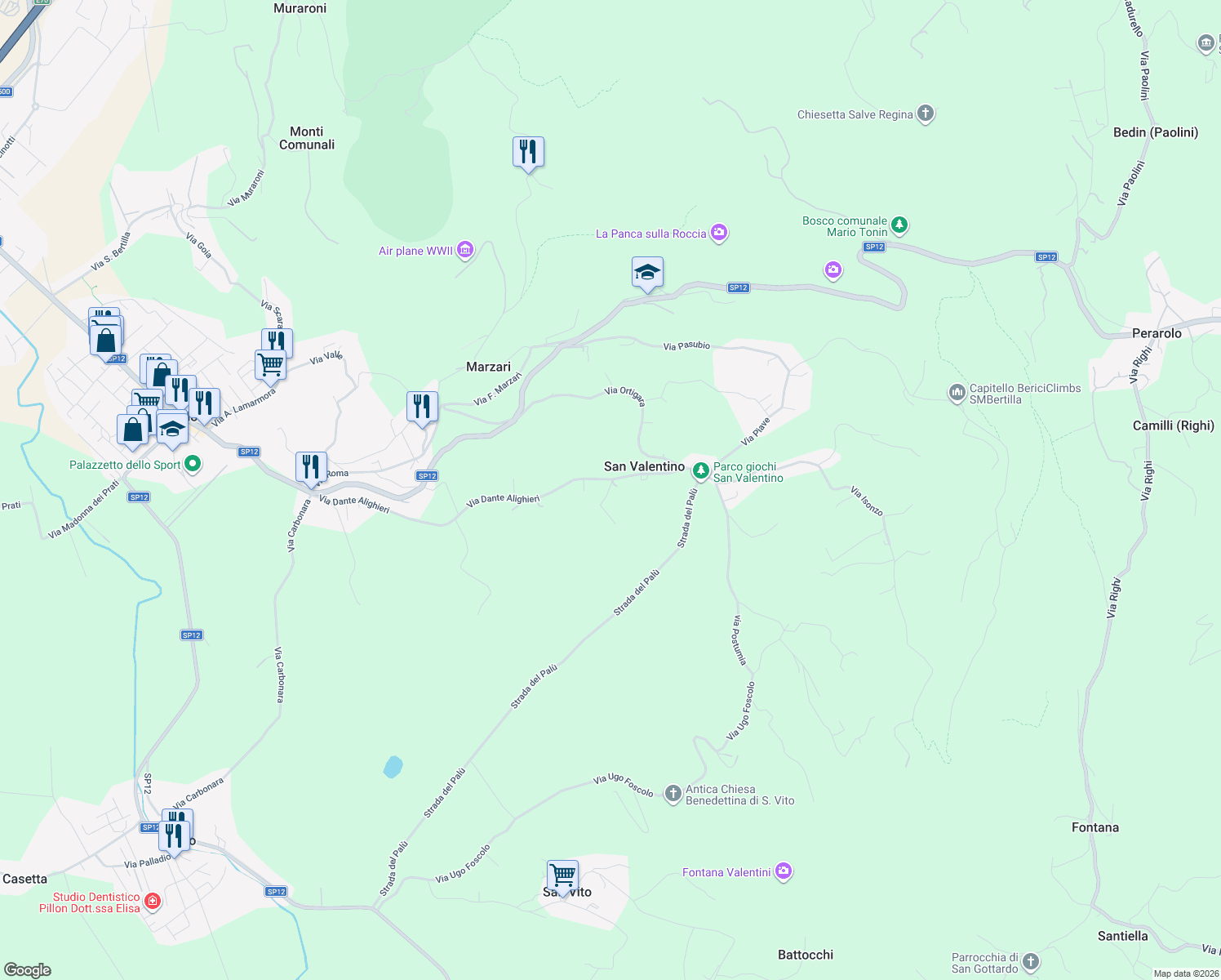 map of restaurants, bars, coffee shops, grocery stores, and more near 136 Via Dante Alighieri in San Valentino