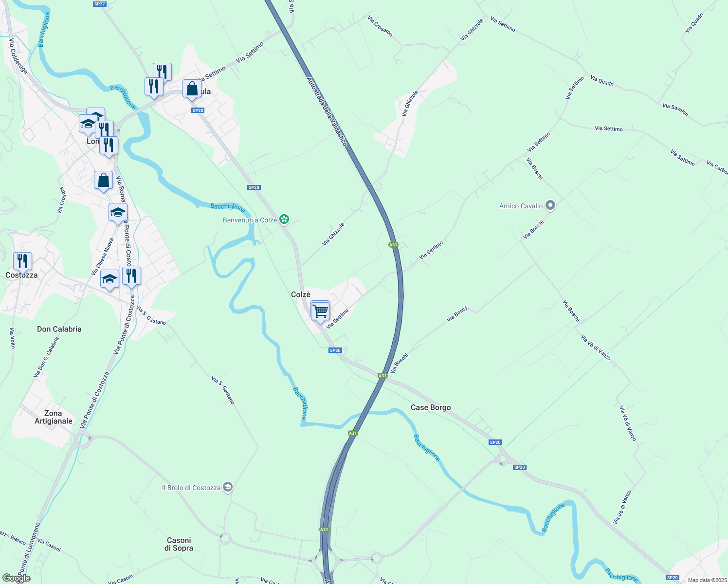 map of restaurants, bars, coffee shops, grocery stores, and more near 39 Via Settimo in Colzé