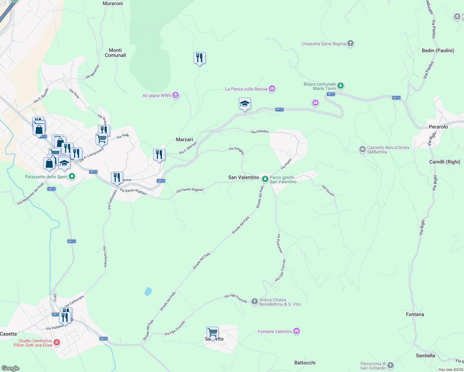 map of restaurants, bars, coffee shops, grocery stores, and more near 136 Via Dante Alighieri in San Valentino