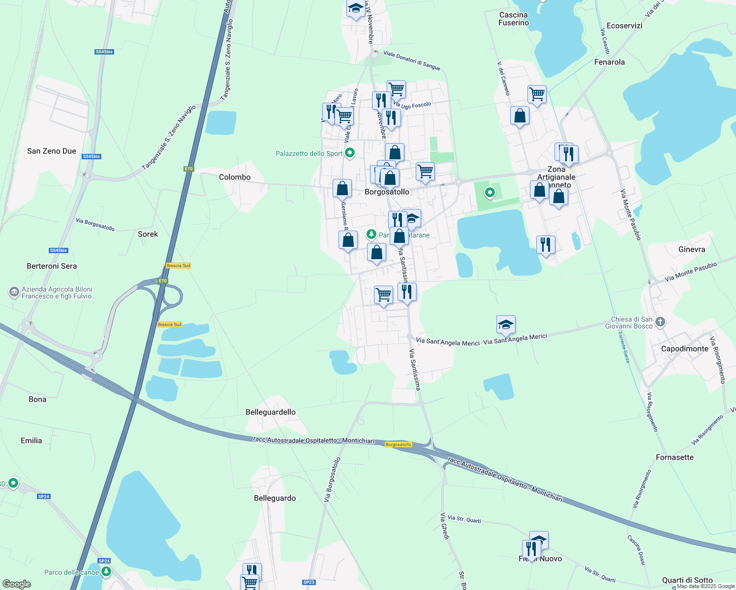 map of restaurants, bars, coffee shops, grocery stores, and more near 30 Via Vincenzo Bellini in Borgosatollo