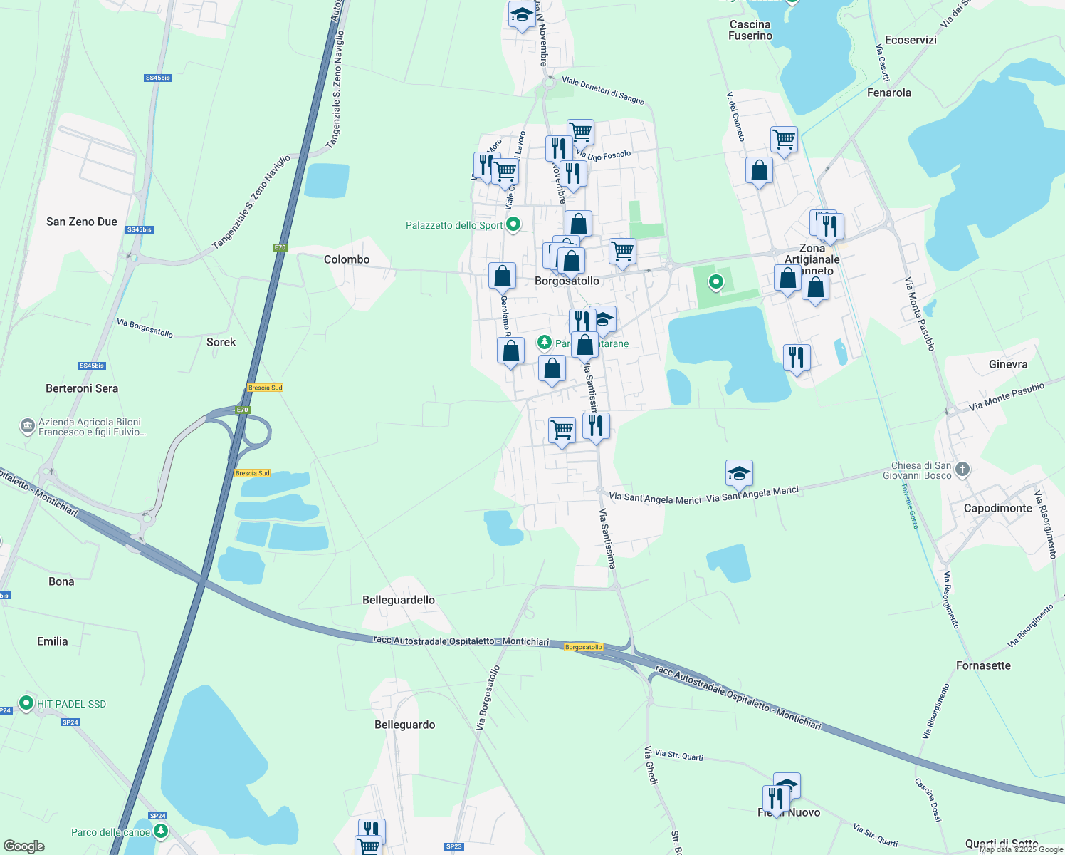 map of restaurants, bars, coffee shops, grocery stores, and more near 8 Via A. Vivaldi in Borgosatollo
