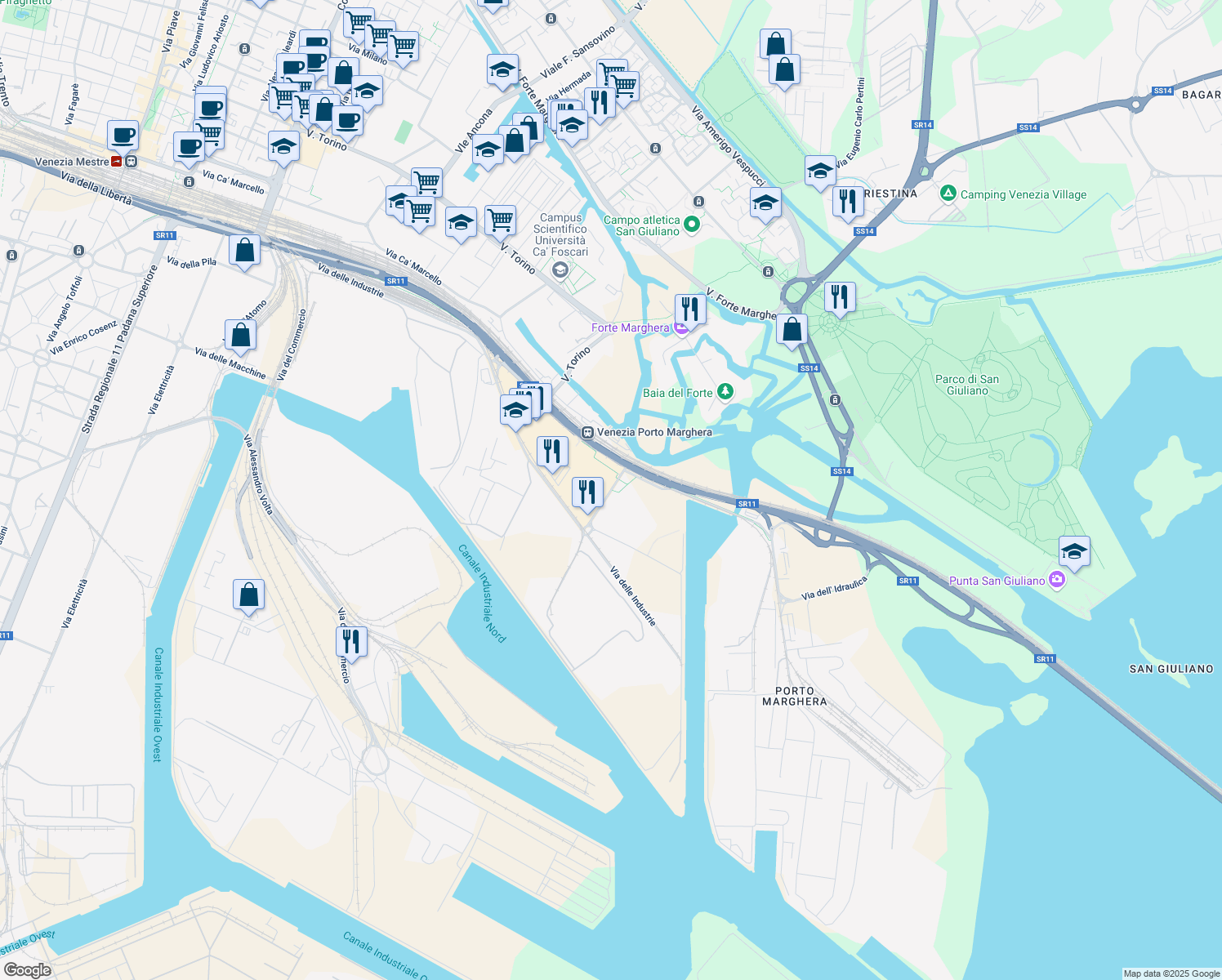 map of restaurants, bars, coffee shops, grocery stores, and more near Via Antonio Pacinotti in Venezia