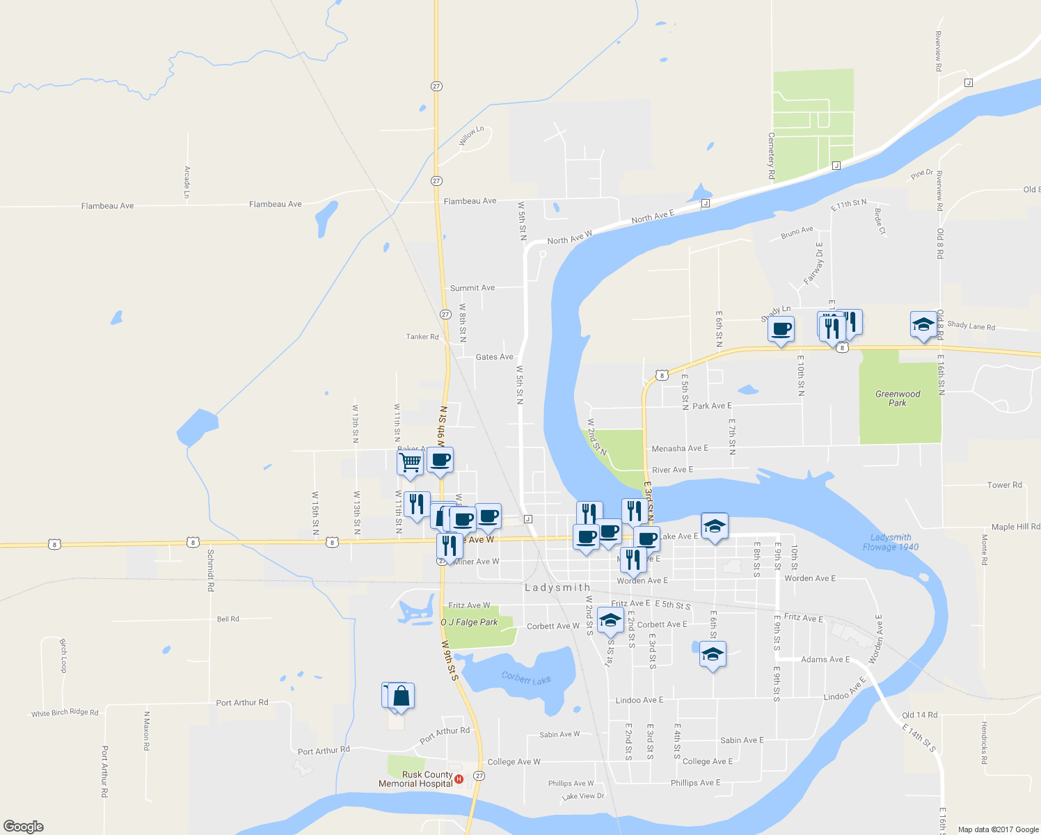 map of restaurants, bars, coffee shops, grocery stores, and more near 716 West 5th Street North in Ladysmith