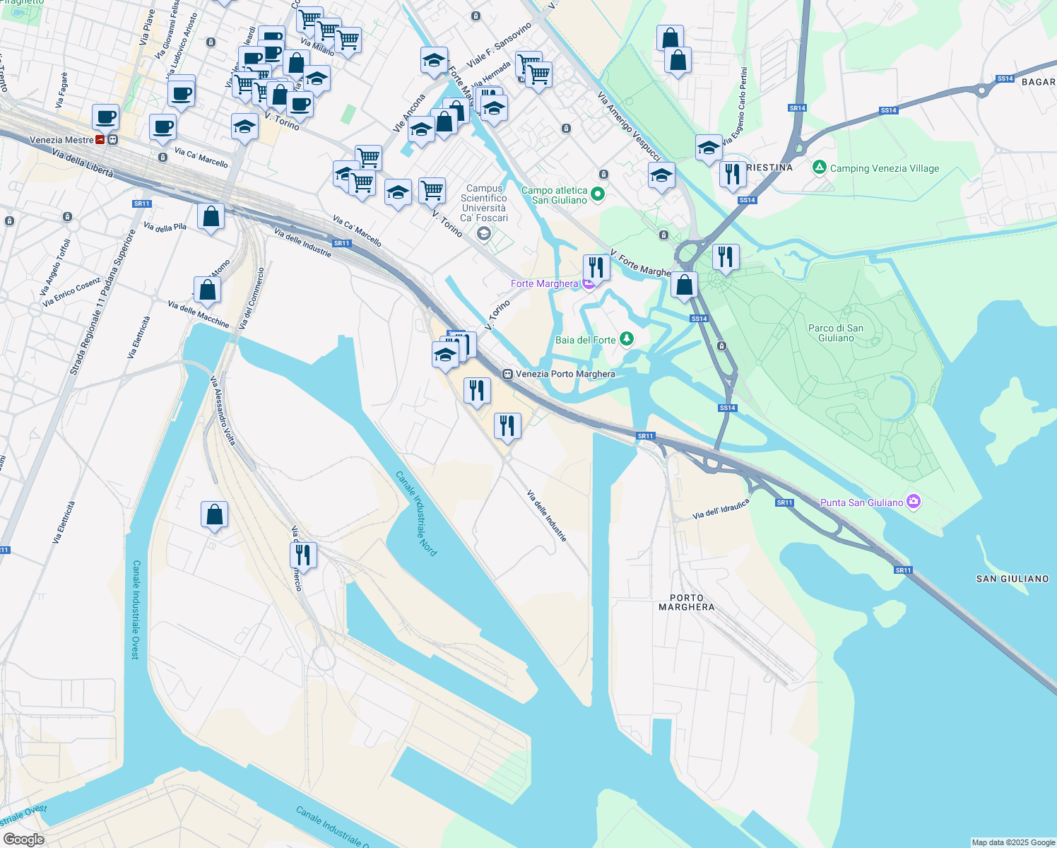 map of restaurants, bars, coffee shops, grocery stores, and more near Via Antonio Pacinotti in Venezia