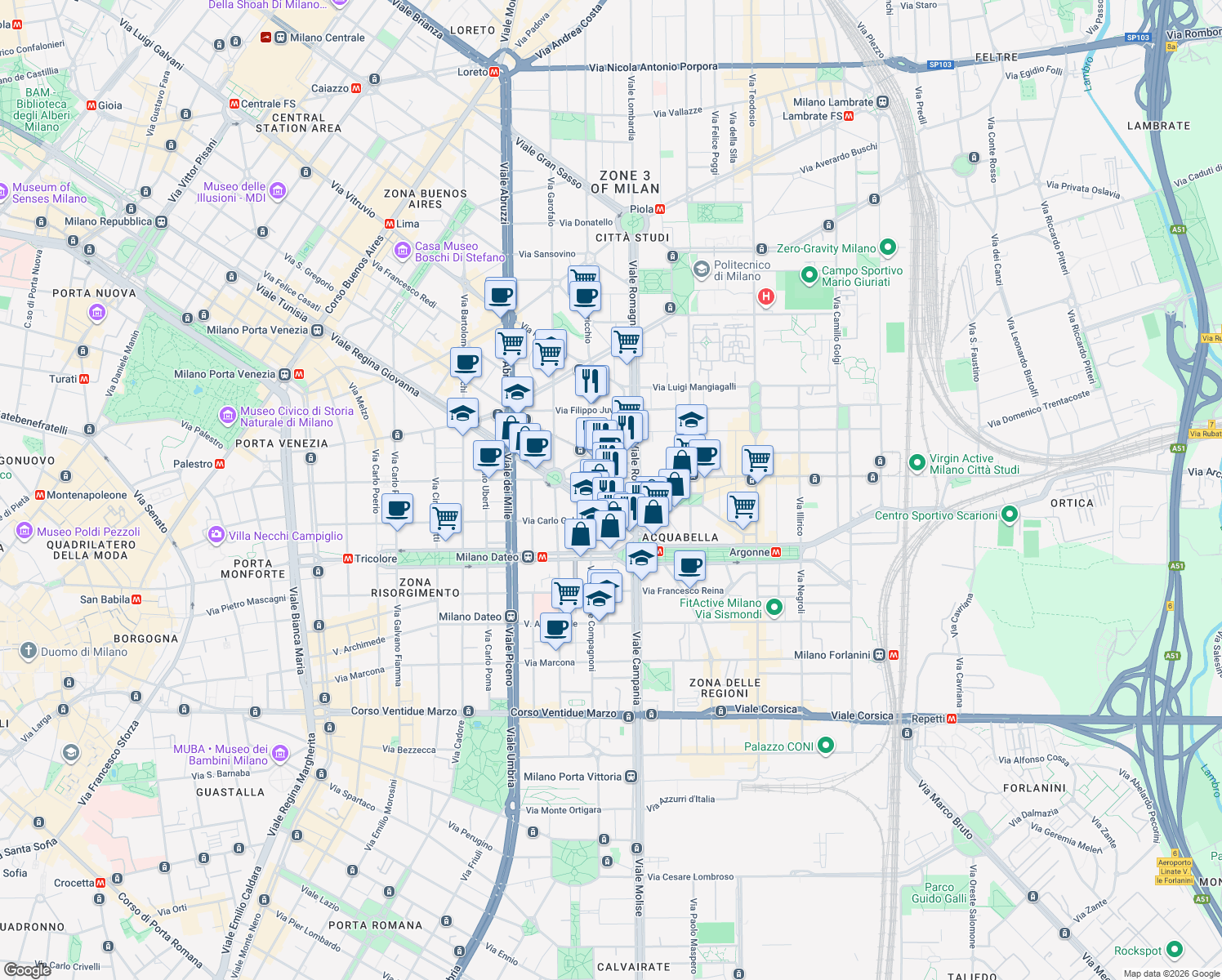 map of restaurants, bars, coffee shops, grocery stores, and more near 15 Via Davide Carnaghi in Milano