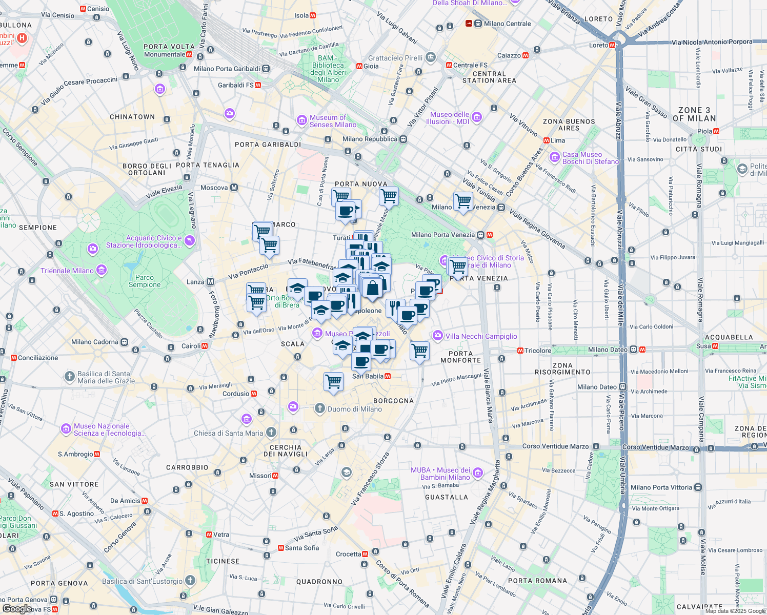 map of restaurants, bars, coffee shops, grocery stores, and more near 19 Via Senato in Milano
