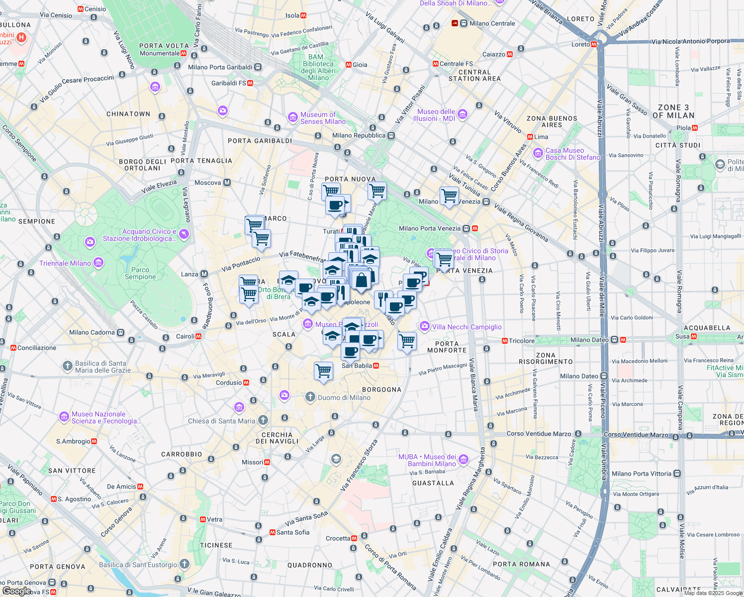 map of restaurants, bars, coffee shops, grocery stores, and more near 19 Via Senato in Milano