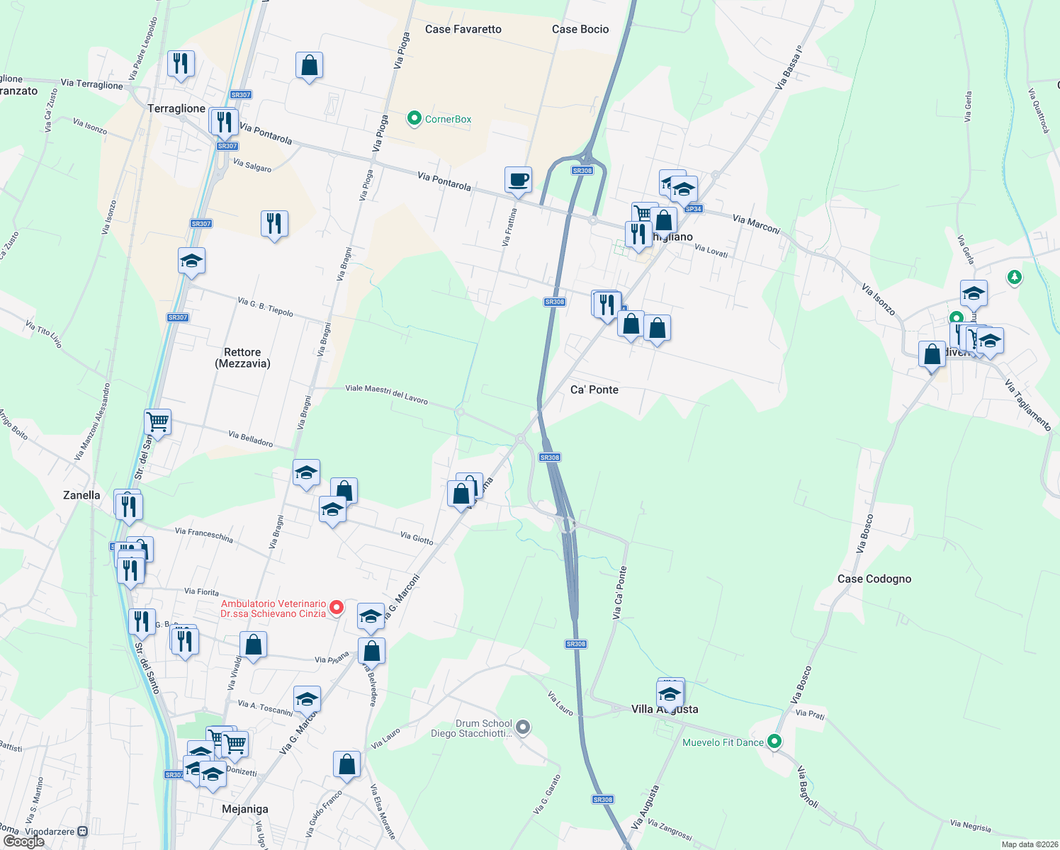 map of restaurants, bars, coffee shops, grocery stores, and more near 20 Via Roma in Ca' Ponte