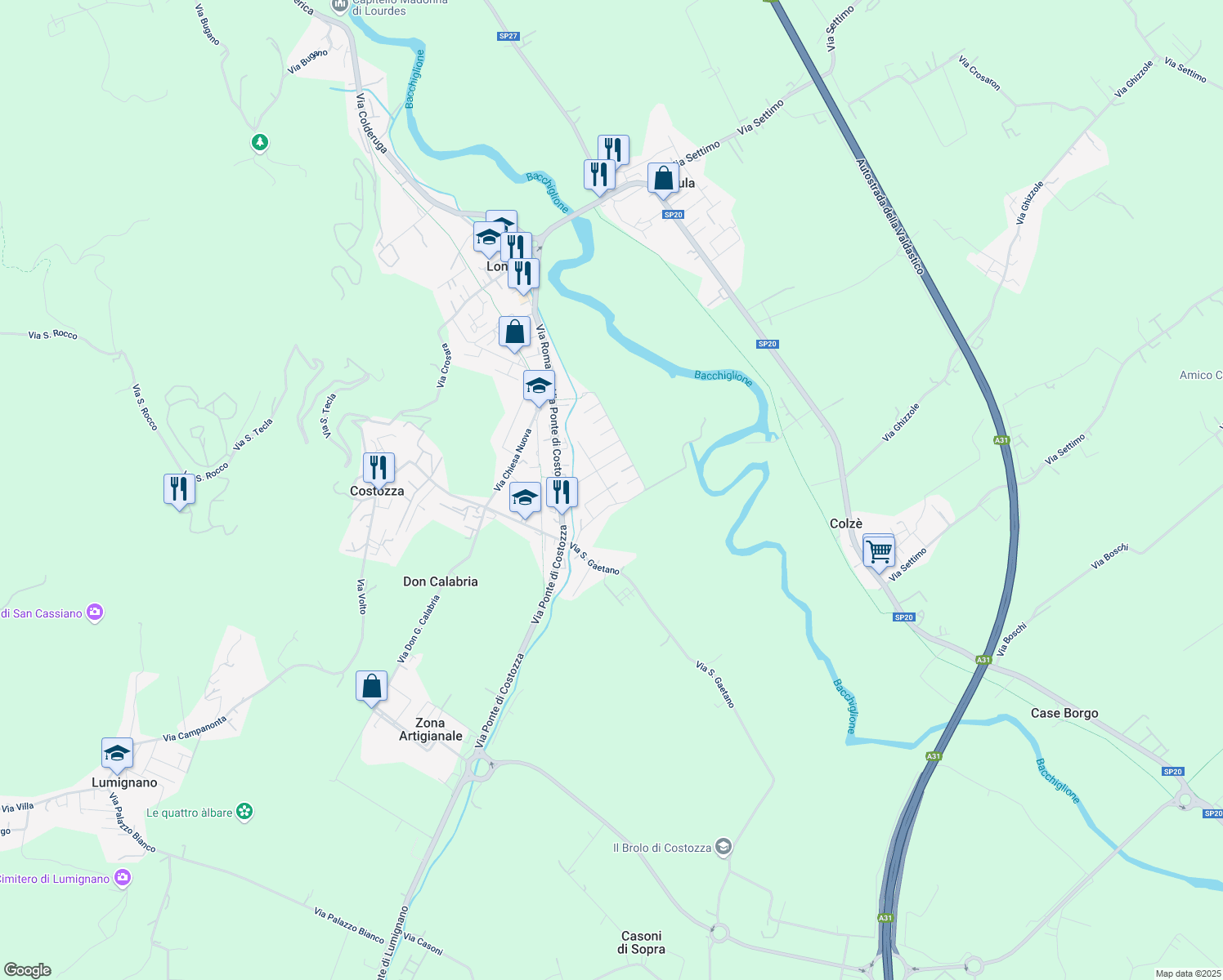 map of restaurants, bars, coffee shops, grocery stores, and more near 13 Via Cappellaro in Longare