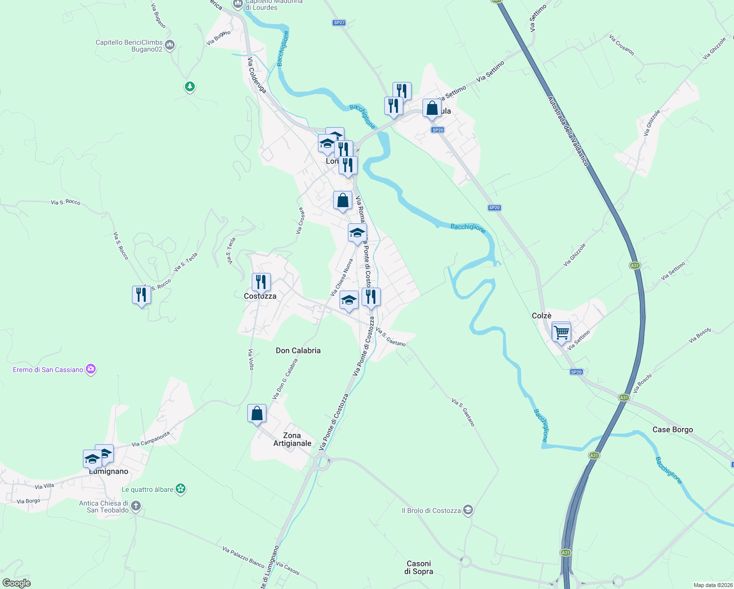 map of restaurants, bars, coffee shops, grocery stores, and more near 34 SP247 in Longare