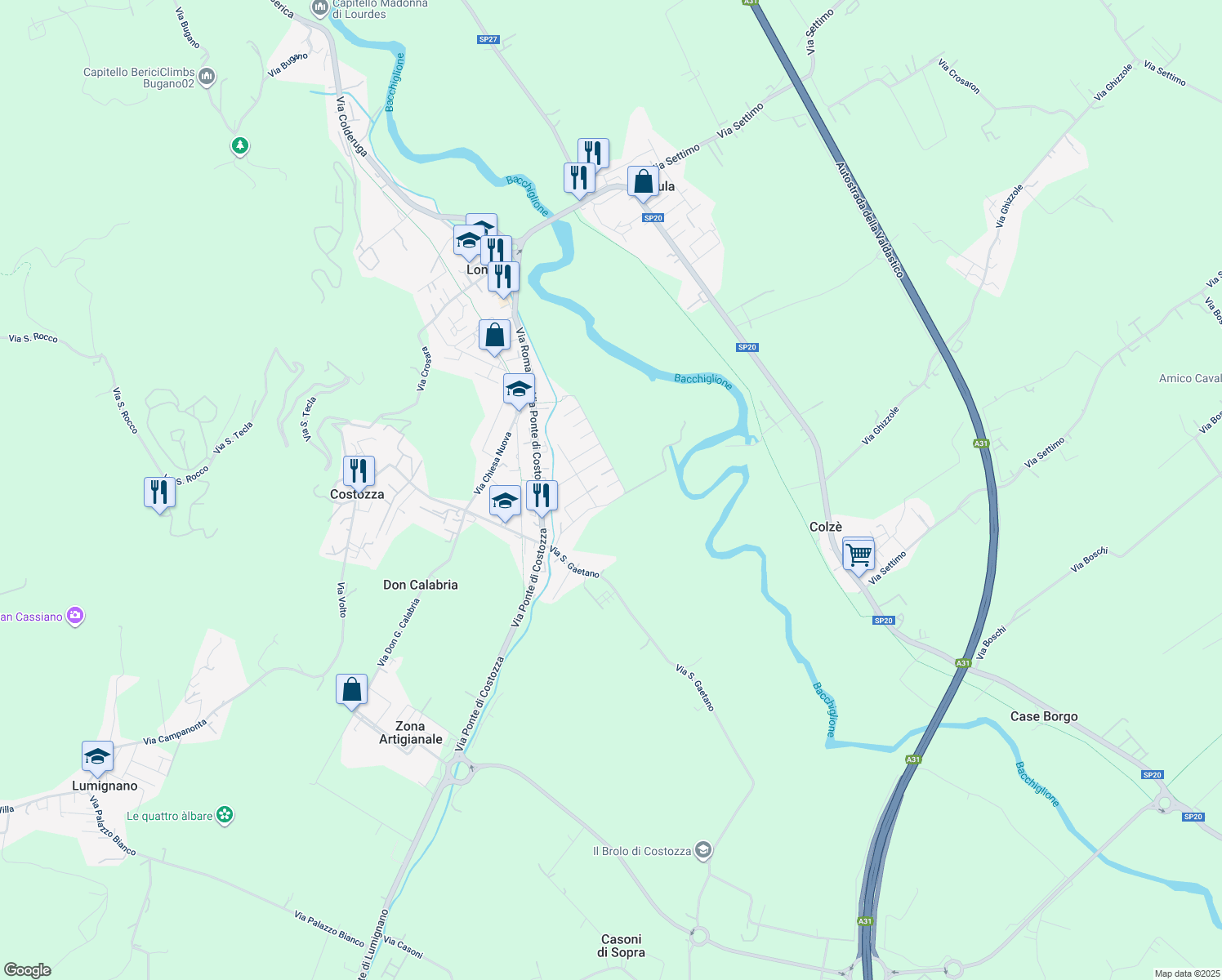 map of restaurants, bars, coffee shops, grocery stores, and more near 13 Via Cappellaro in Longare