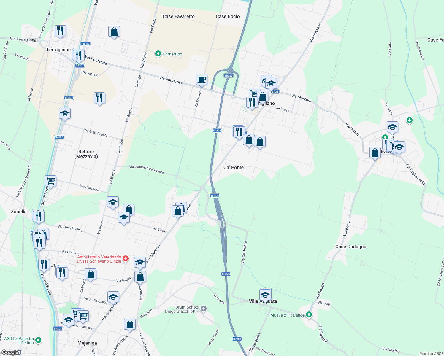 map of restaurants, bars, coffee shops, grocery stores, and more near 32 Via Roma in Ca' Ponte