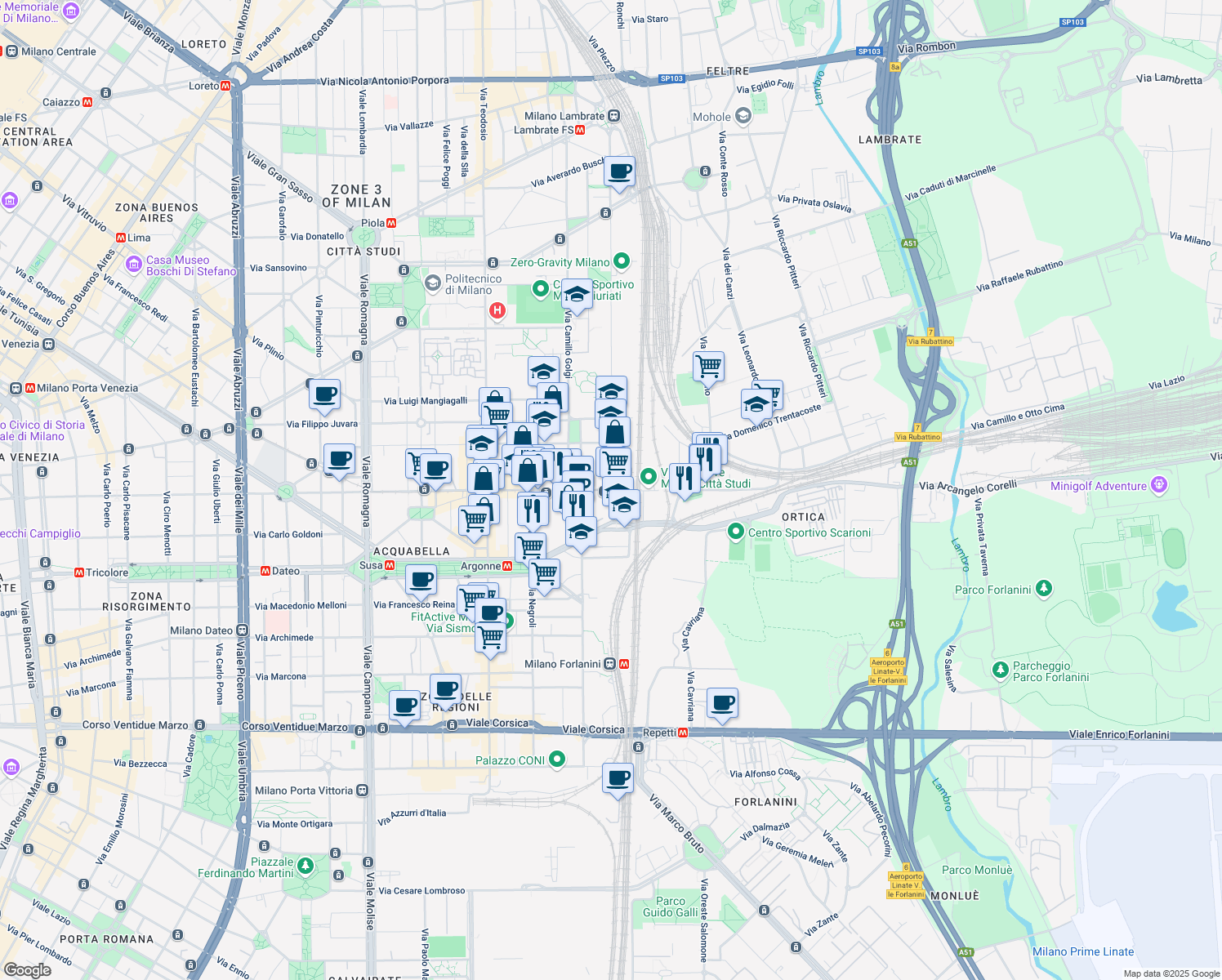 map of restaurants, bars, coffee shops, grocery stores, and more near Via Giovanni Antonio Amadeo in Milano