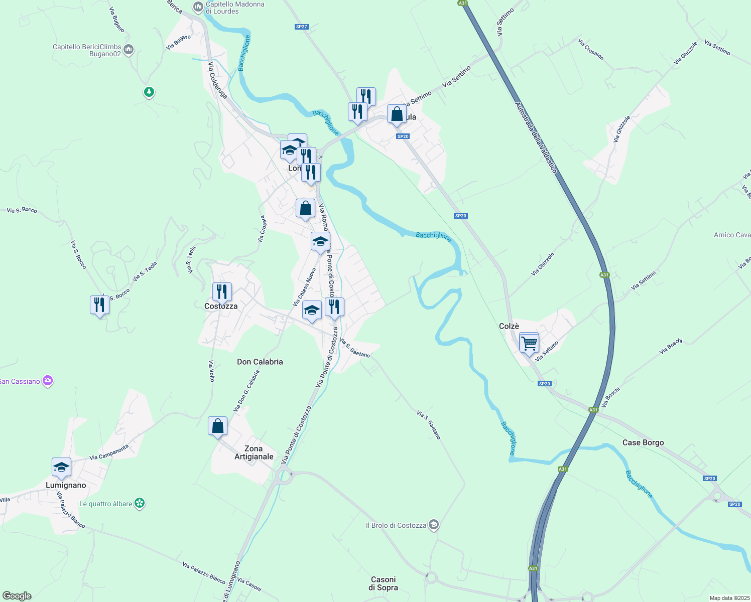 map of restaurants, bars, coffee shops, grocery stores, and more near 13 Via Cappellaro in Longare