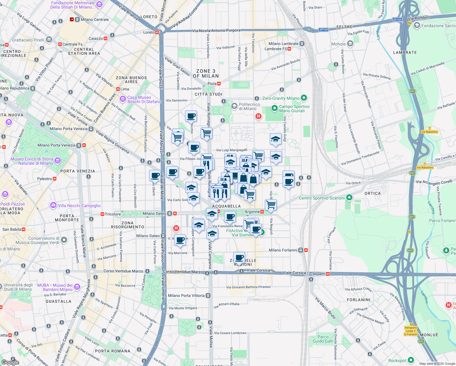 map of restaurants, bars, coffee shops, grocery stores, and more near 15 Via Beato Angelico in Milano