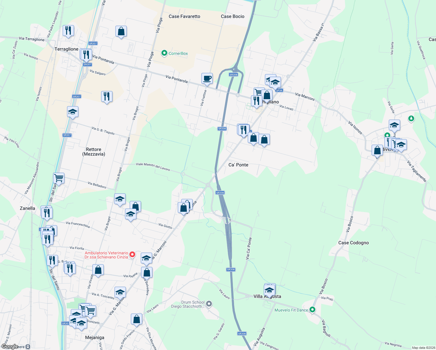map of restaurants, bars, coffee shops, grocery stores, and more near 20 Via Roma in Ca' Ponte