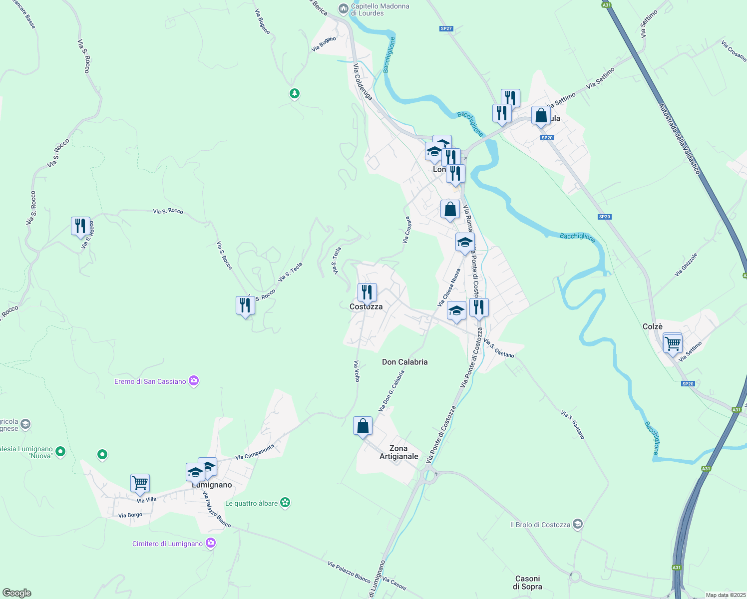map of restaurants, bars, coffee shops, grocery stores, and more near 2 Piazza da Schio in Longare
