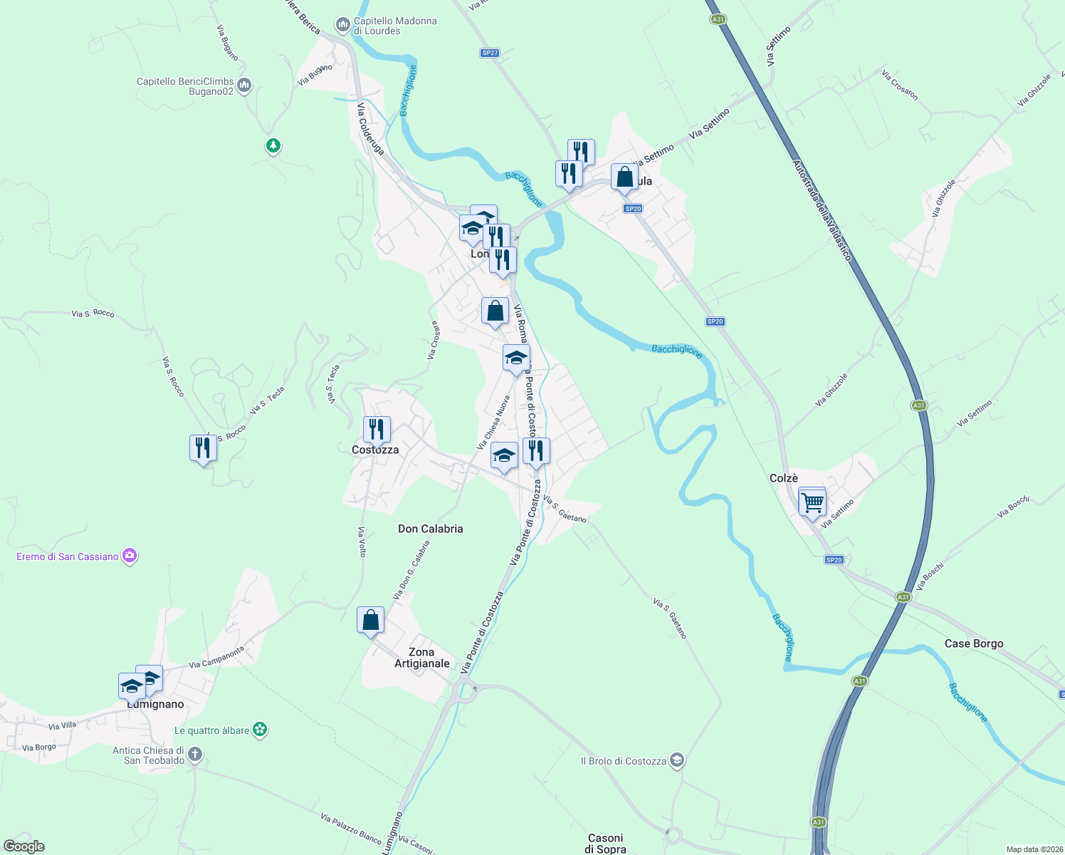 map of restaurants, bars, coffee shops, grocery stores, and more near 34 SP247 in Longare