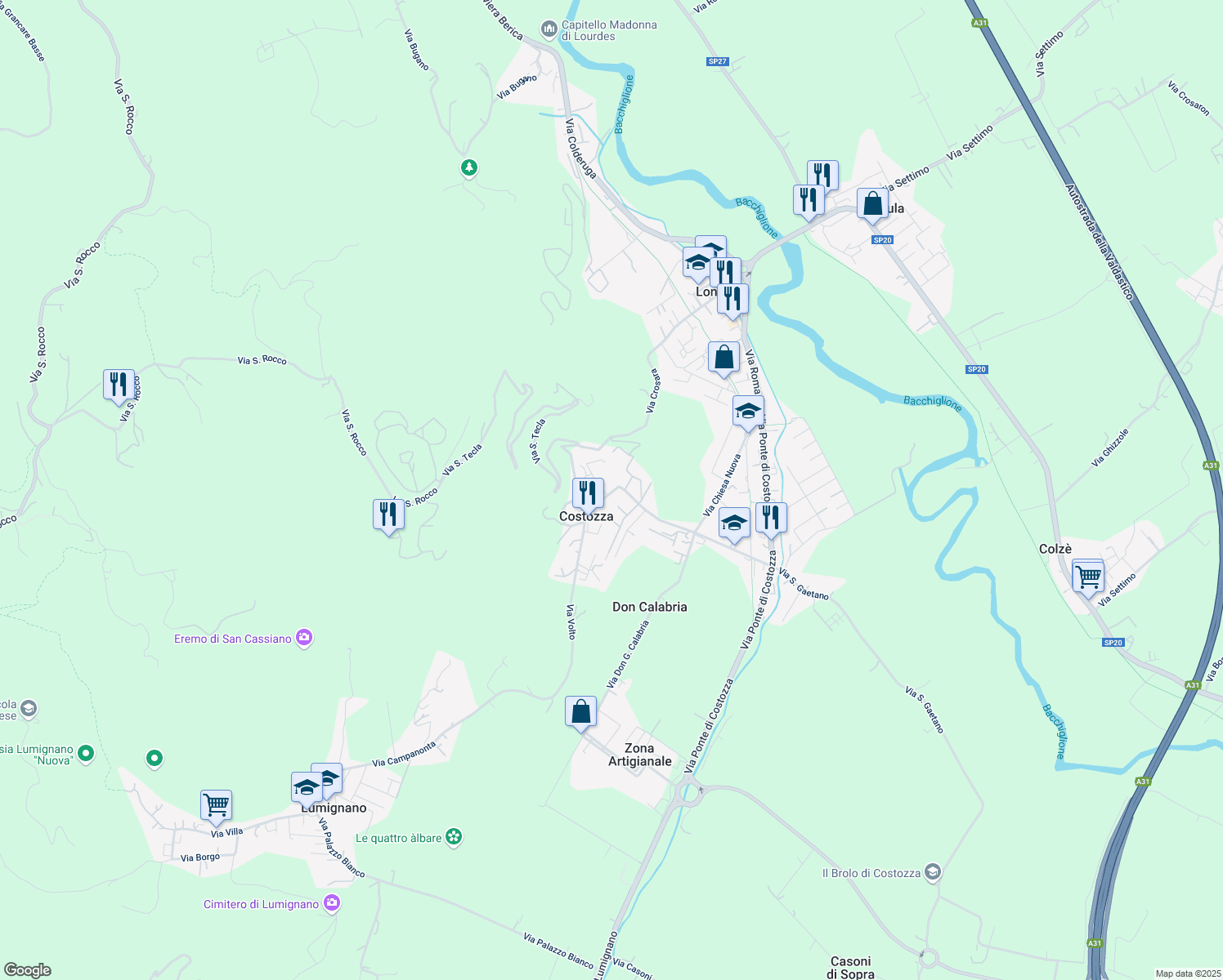 map of restaurants, bars, coffee shops, grocery stores, and more near 2 Piazza da Schio in Longare