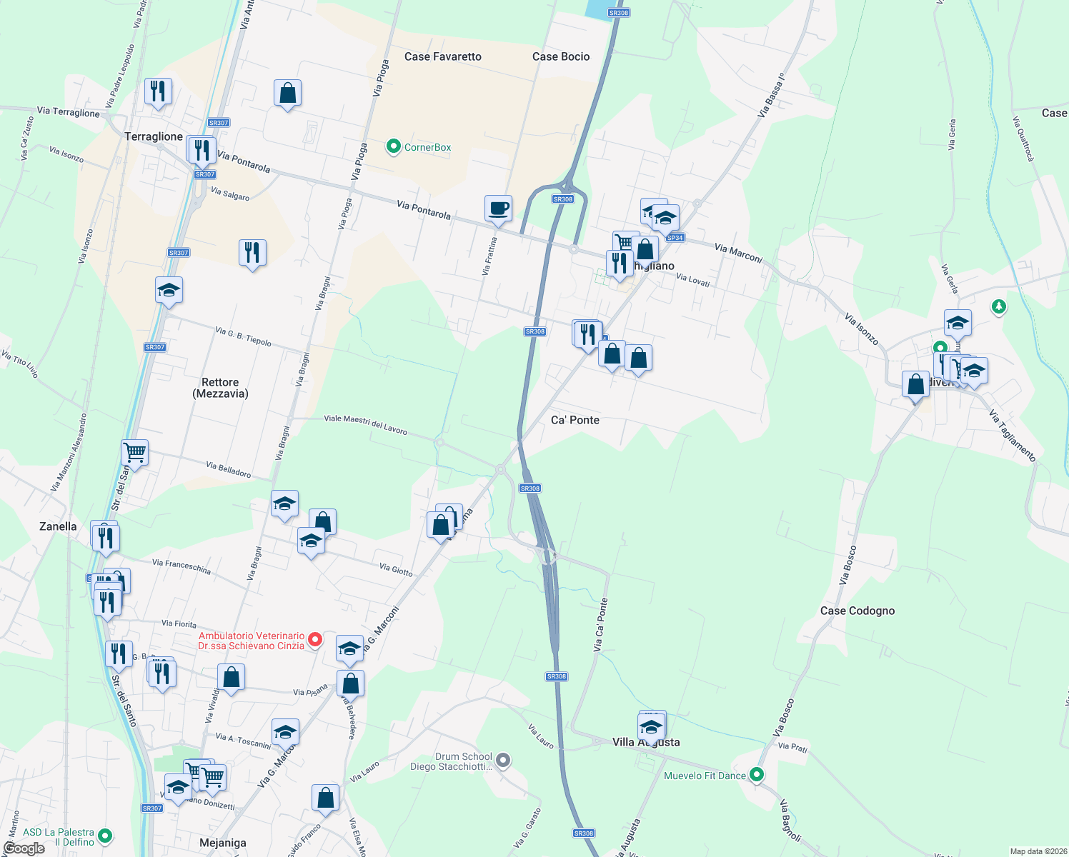 map of restaurants, bars, coffee shops, grocery stores, and more near 32 Via Roma in Ca' Ponte