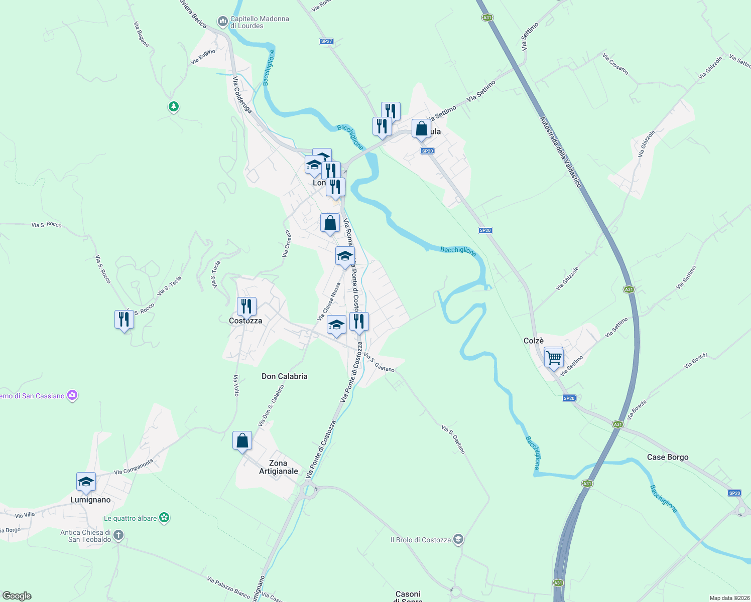 map of restaurants, bars, coffee shops, grocery stores, and more near 32 Via Antonio Meucci in Longare