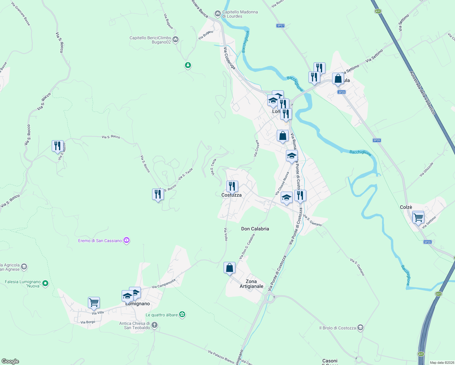 map of restaurants, bars, coffee shops, grocery stores, and more near 12 Via Vittorio Veneto in Longare