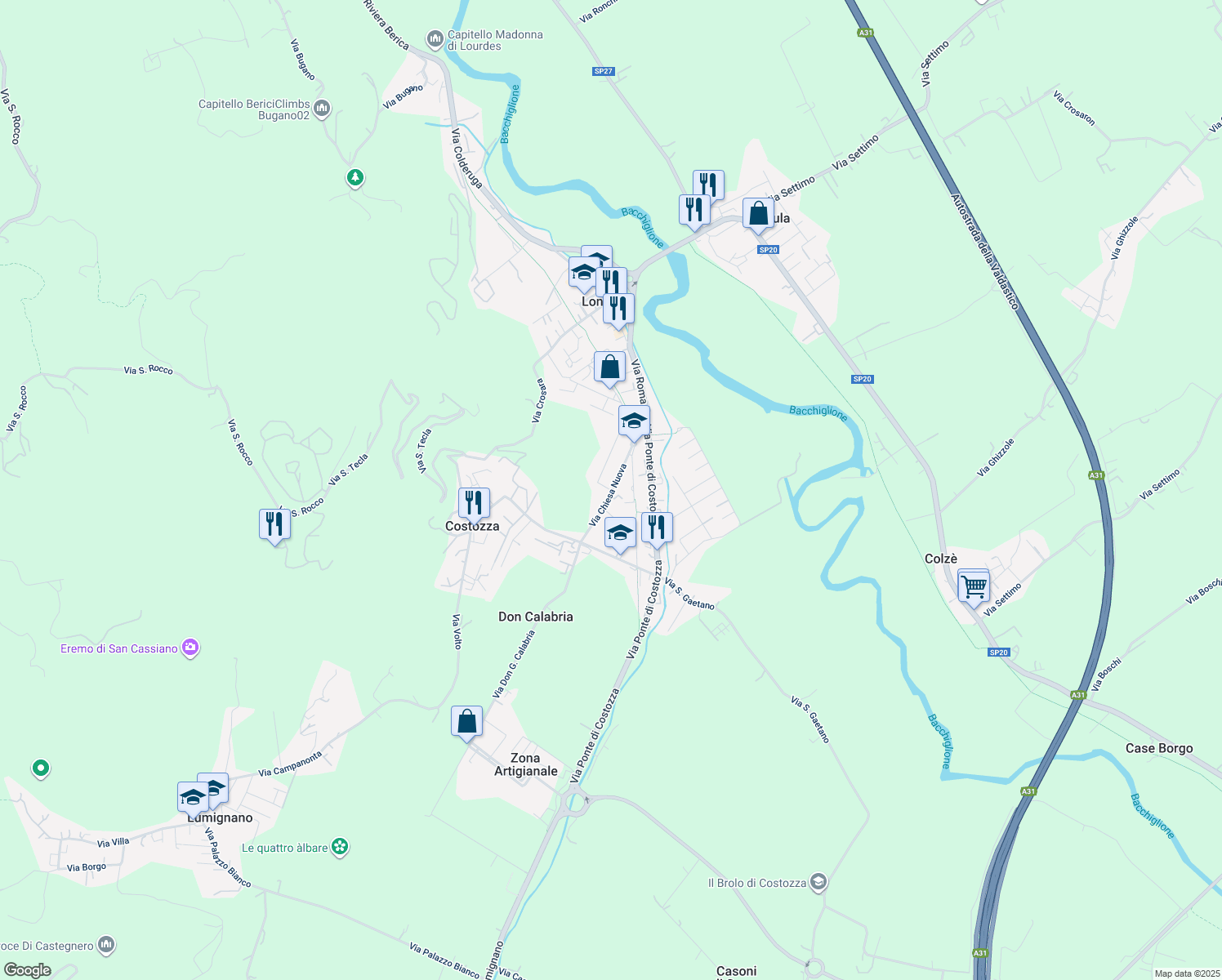 map of restaurants, bars, coffee shops, grocery stores, and more near 5 Via Ragazzi del '99 in Longare